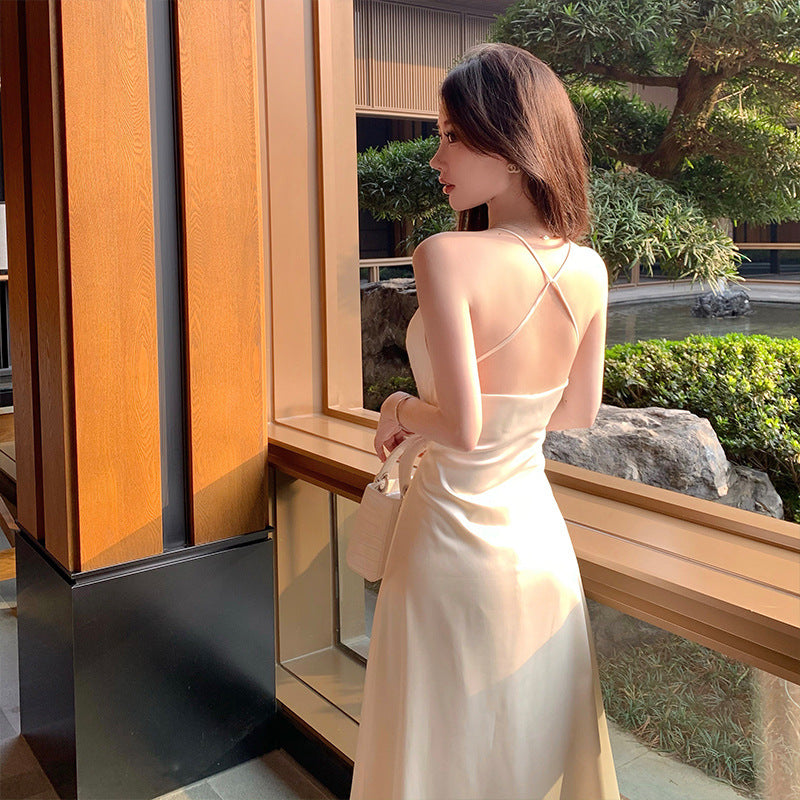 Summer Backless Long Dress French Spaghetti Strap Satin Dress 808