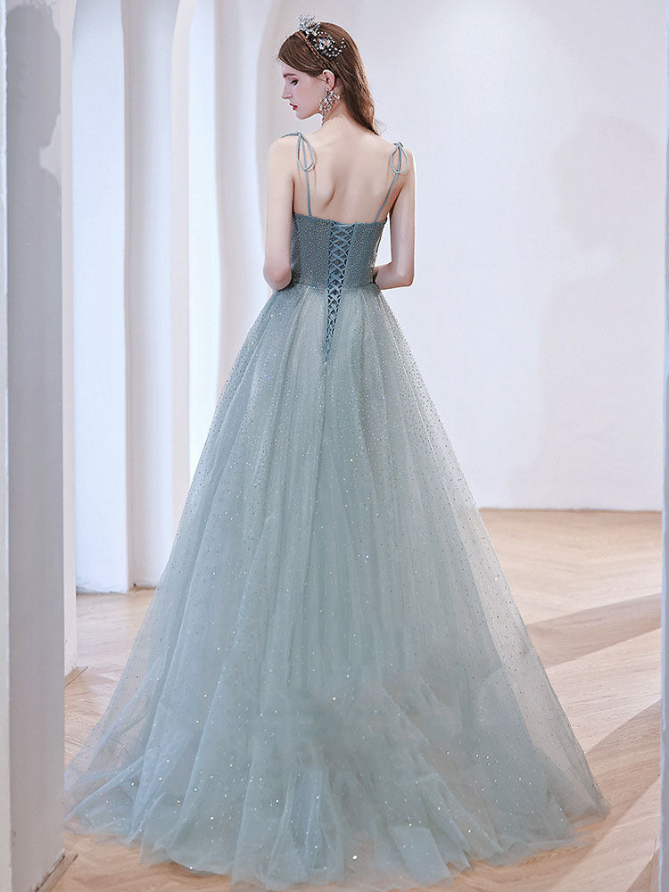 Robe de bal en tulle vert clair, coupe trapèze, tenue de soirée formelle, 689