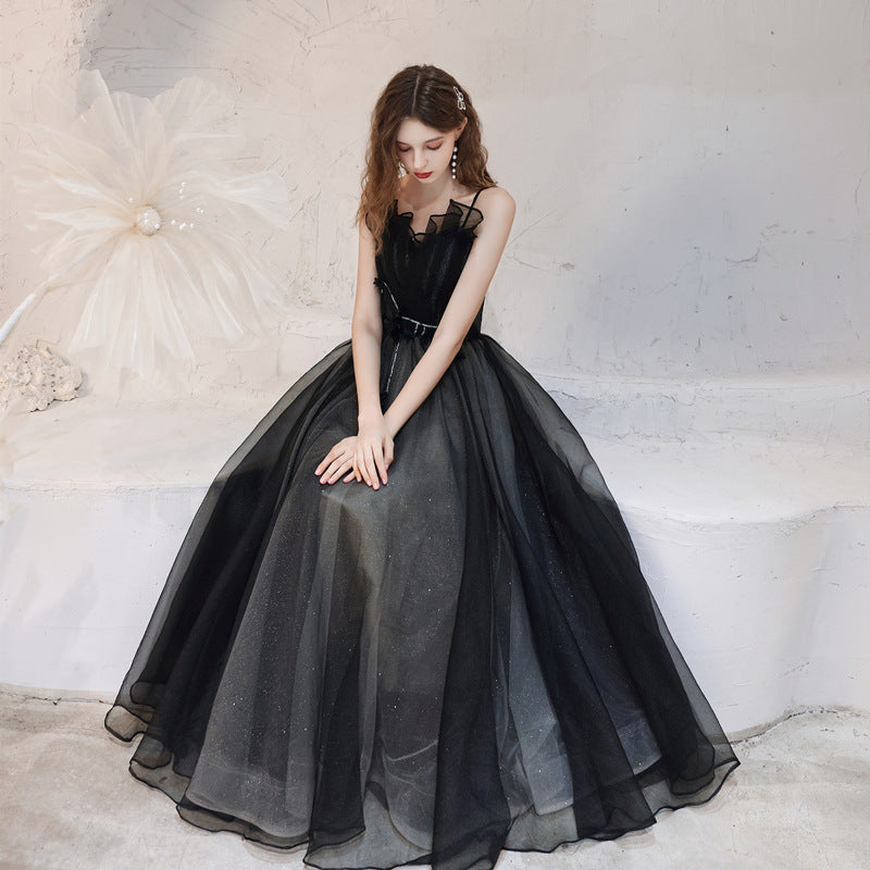 Black Tulle Long Prom Dress Spaghetti Strap Evening Gown Formal Party Dress 147 - JulyProm