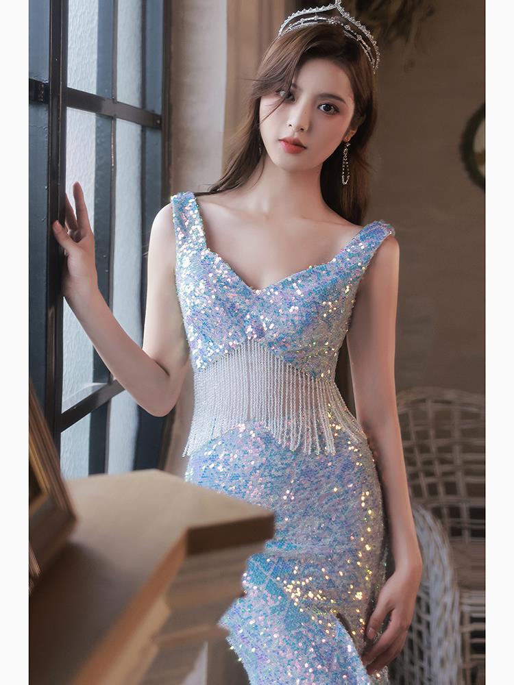 Mermaid Sequins Long Prom Dress with Slit V Neck Tassel Evening Dress 195 - JulyProm