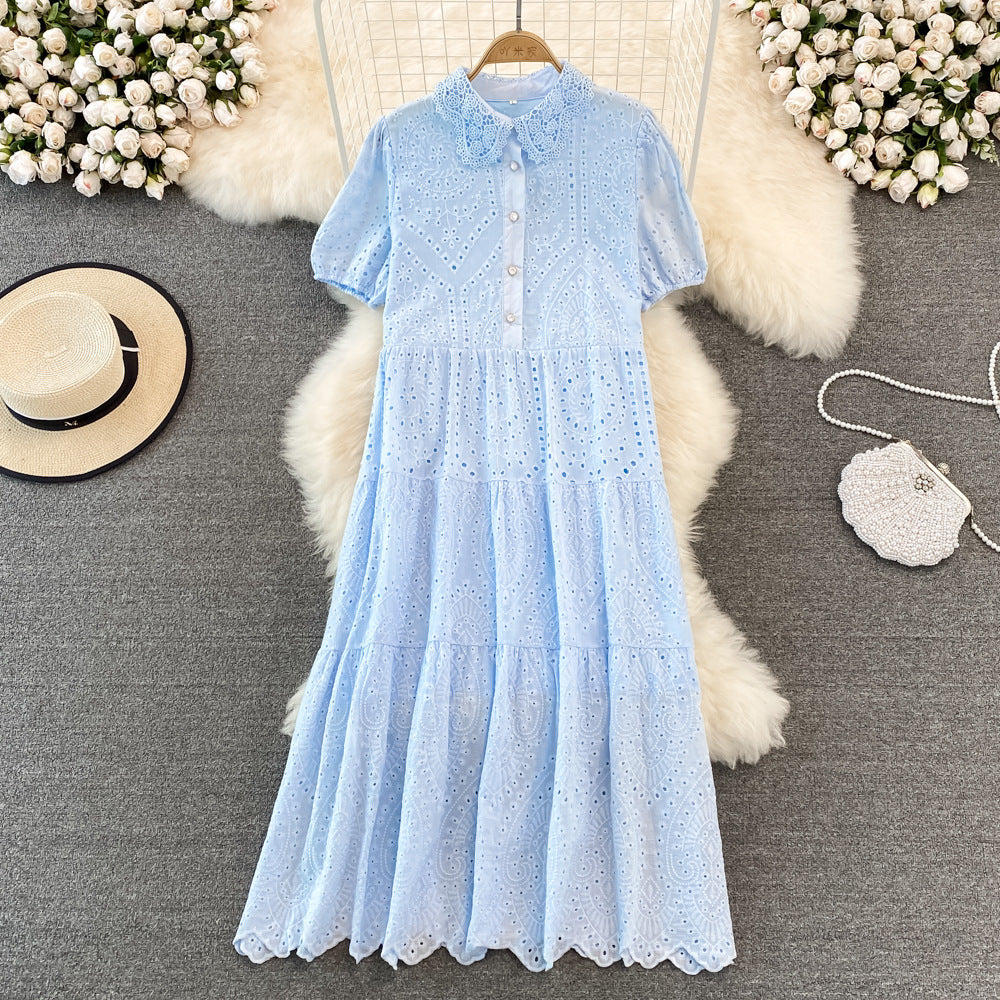 Robe longue élégante à col poupée et manches bouffantes ajourées, été 2022, 450