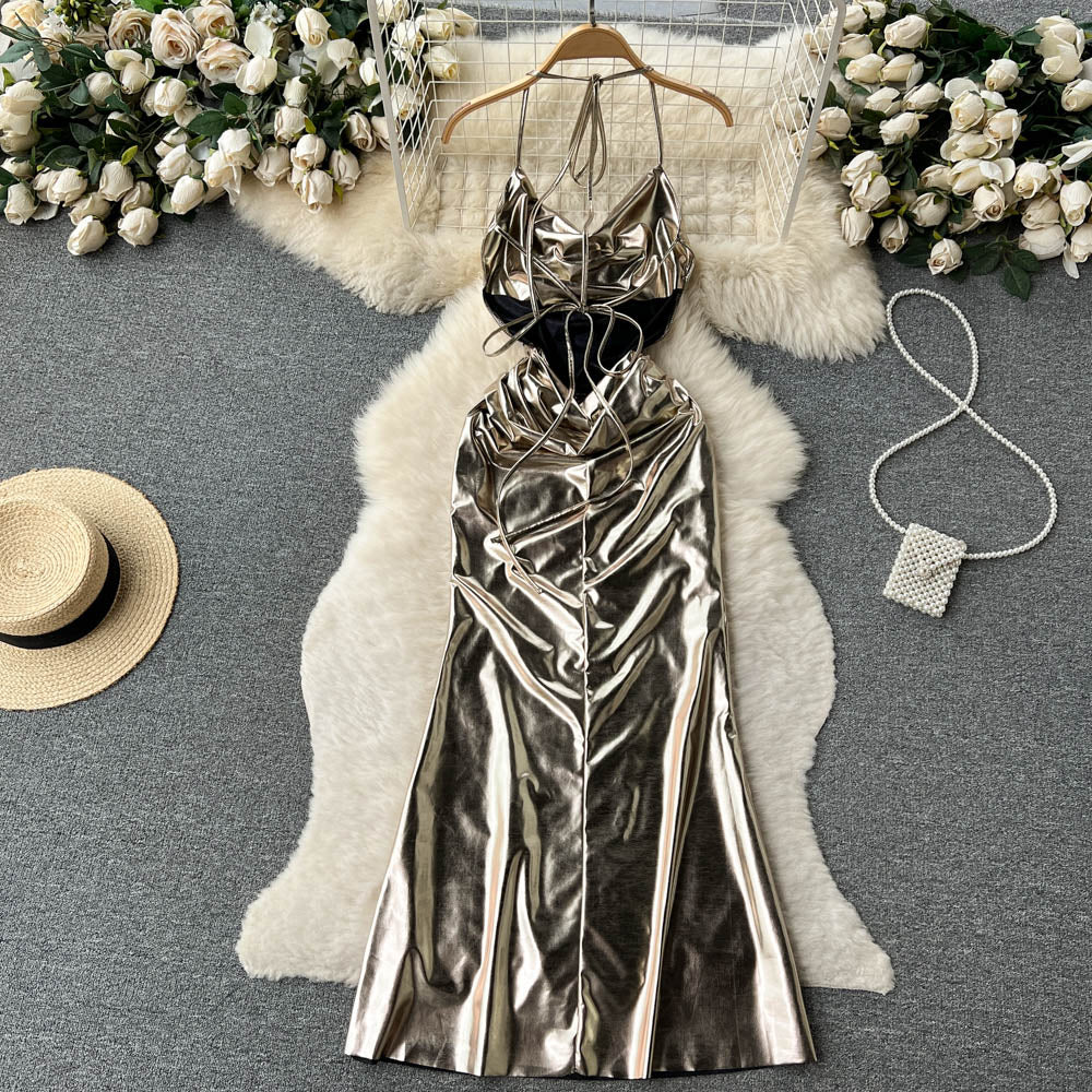 PU Leather Sexy Dress Sleeveless Mermaid Long Skirt 461