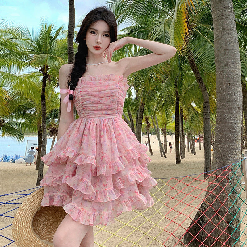 Robe bustier en mousseline de soie, jupe florale féerique, pour femme, été 790