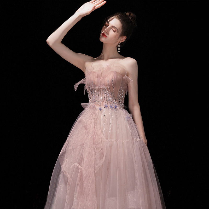 Pink Strapless A Line Tulle Prom Dress Beading Long Formal Evening Gown 295