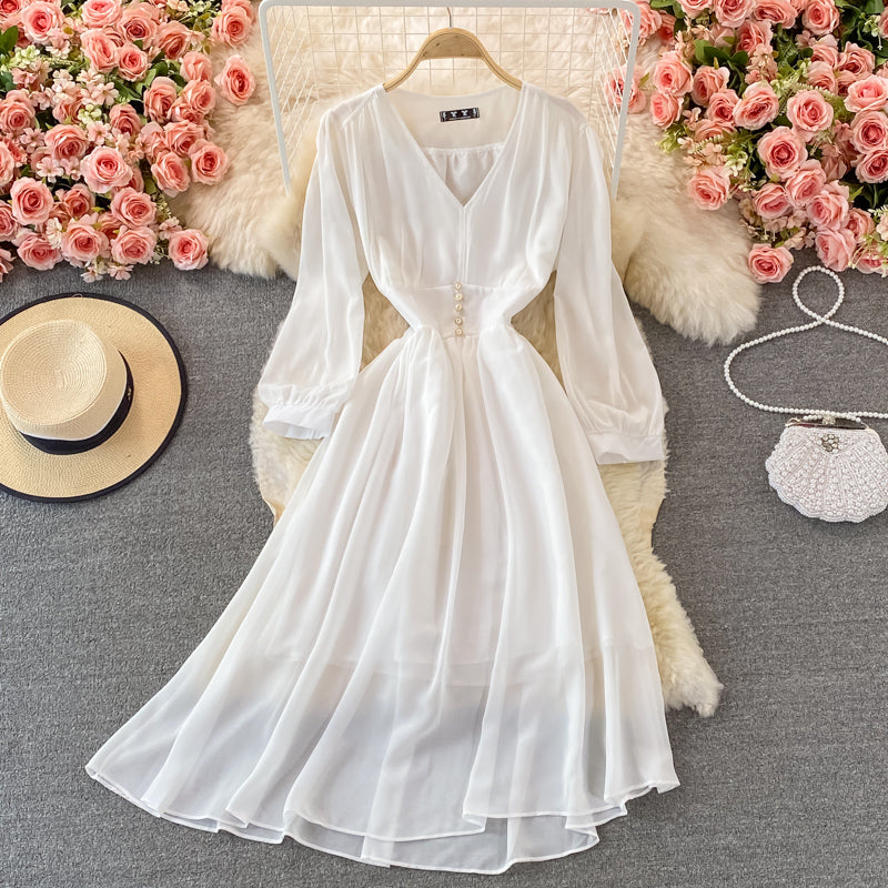 Autumn Retro French Style Long Skirt Puff Sleeves High Waist V-neck Chiffon Dress 351