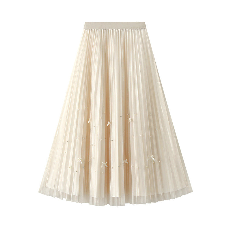 Mesh Skirt Beaded Bow Knot Pleated Long Skirt 755