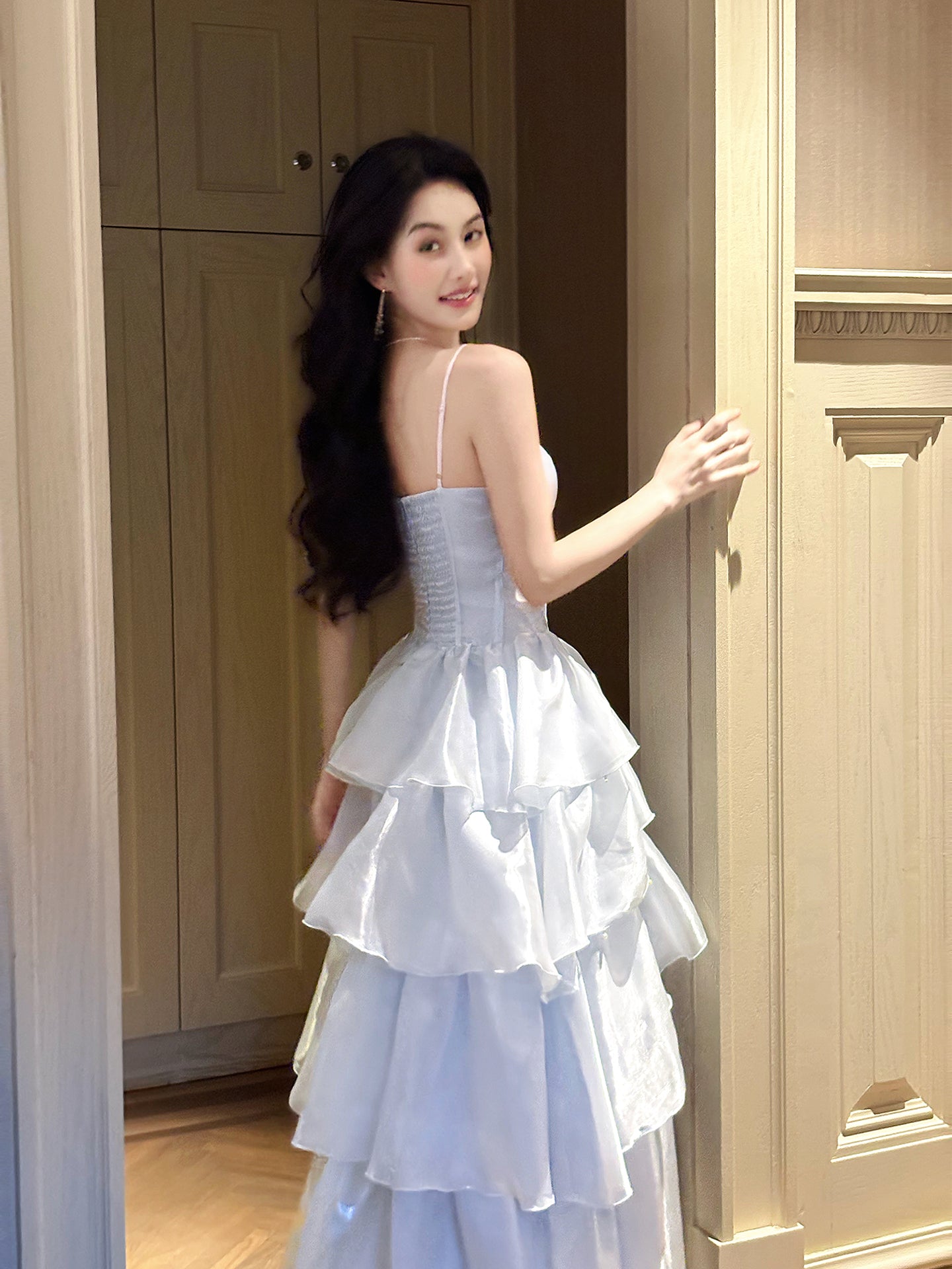 Spaghetti Strap Blue A-Line Formal Dress Layered Prom Dress L76