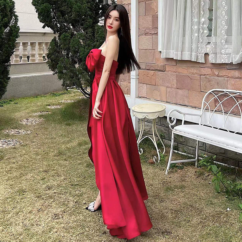 Summer Strapless Red Dress Bow Knot Dress with Slit 819