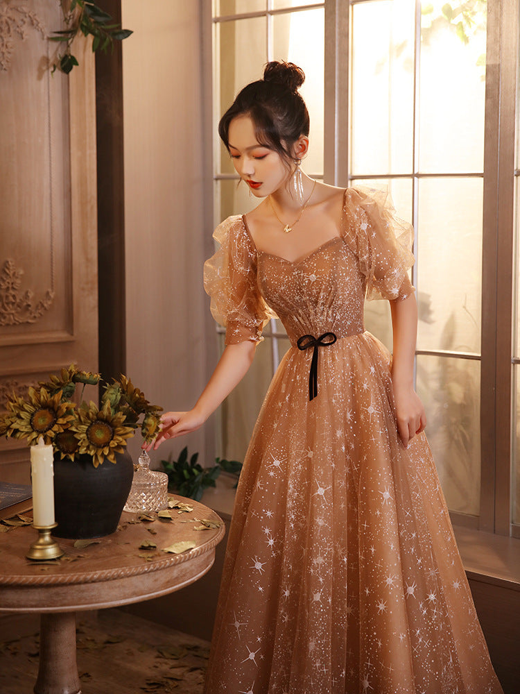 Cute Champagne A Line Tulle Shiny Prom Dress Short Sleeves Formal Evening Gown 226 - JulyProm