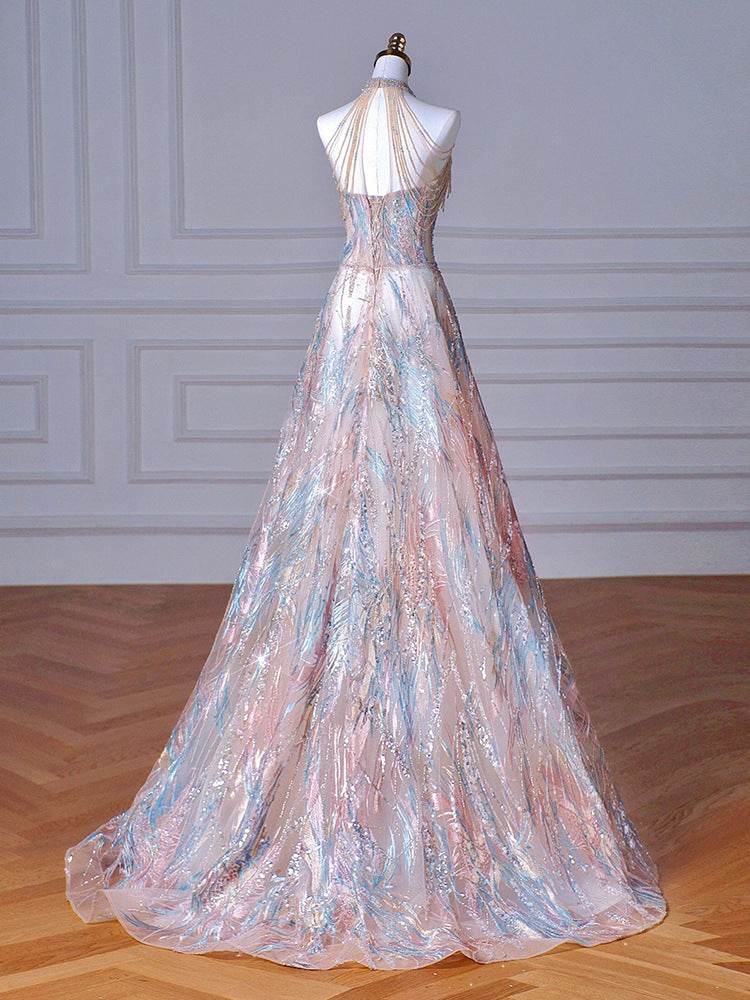 Robe de soirée à paillettes scintillantes, coupe trapèze, dos nu, 1966