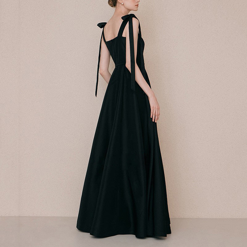 A-Linie Satin Schwarzes Abendkleid im französischen Stil 2047