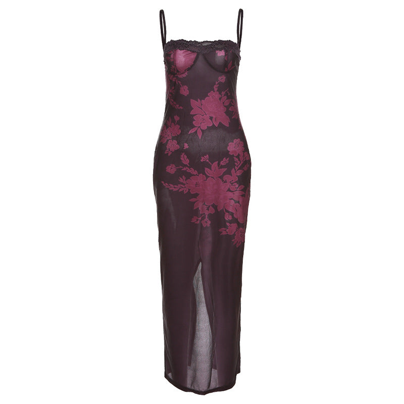 Sexy Spaghetti-Träger-Spitzendruck-Abendkleid, Etuikleid, 1980