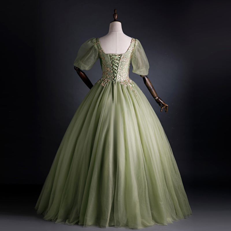 Robe de bal trapèze verte à appliques, robe de soirée d'anniversaire en tulle doux 2052