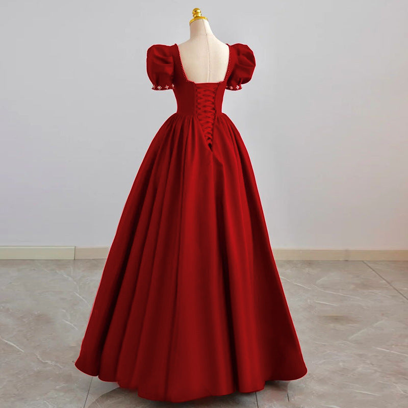 Burgunderrotes Ballkleid mit kurzen Ärmeln, A-Linie, Abendpartykleid 1703