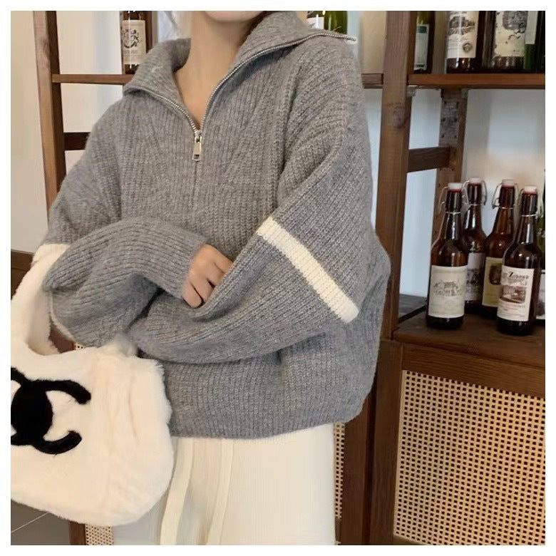 Autumn and Winter POLO Lapel Half-zip Sweater Lazy Style Sweater Pullover 1951