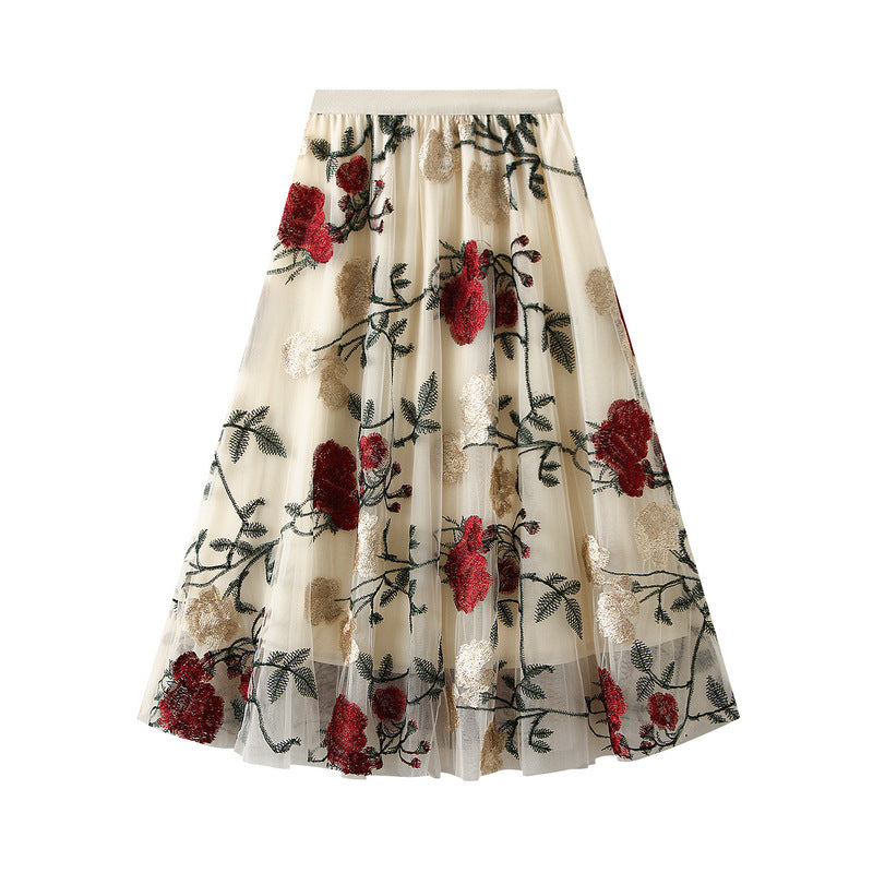 Retro High Waist Embroidered Flower Skirt Sweet Mesh Mid Length Fairy Skirt 759