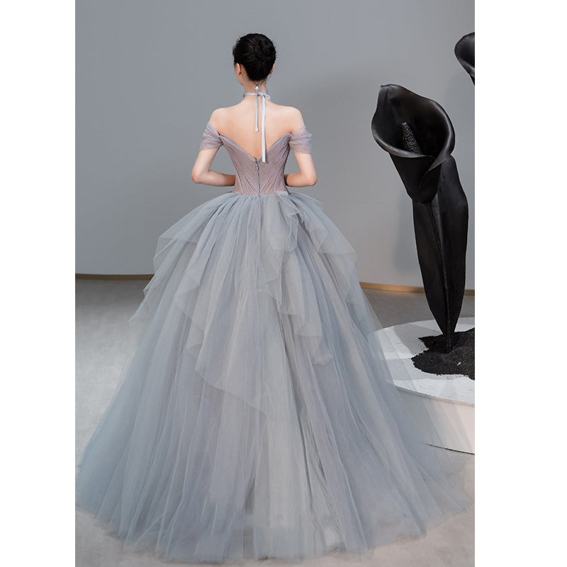 Robe de soirée longue en tulle bleu et gris, épaules dénudées, 706