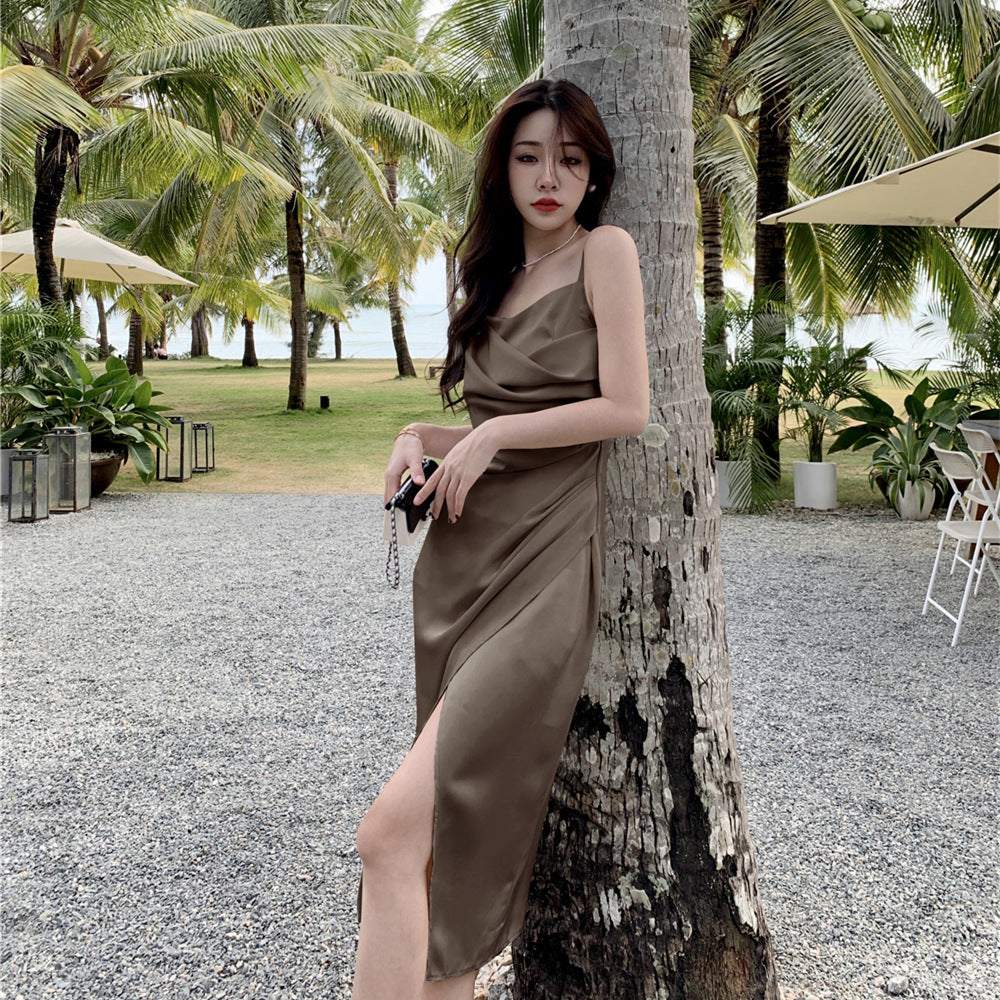 Robe de soirée sexy en satin vintage français avec jupe longue et bretelles spaghetti fendues 781