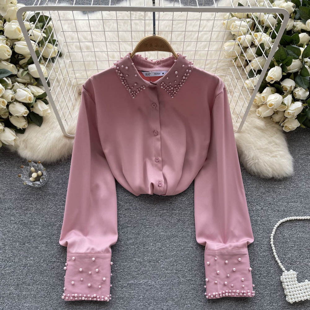 Chemise en mousseline de soie perlée pour femme, nouvelle collection printemps 2023, chemise française à manches longues en satin 336