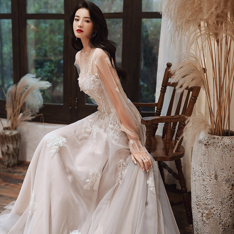 Long Sleeves Lace Tulle Wedding Dress A Line Long Prom Dress Formal Party Gown 318