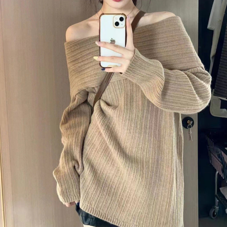 Off The Shoulder New Autumn and Winter Lazy Style Sweater Bottoming Sweater 1903