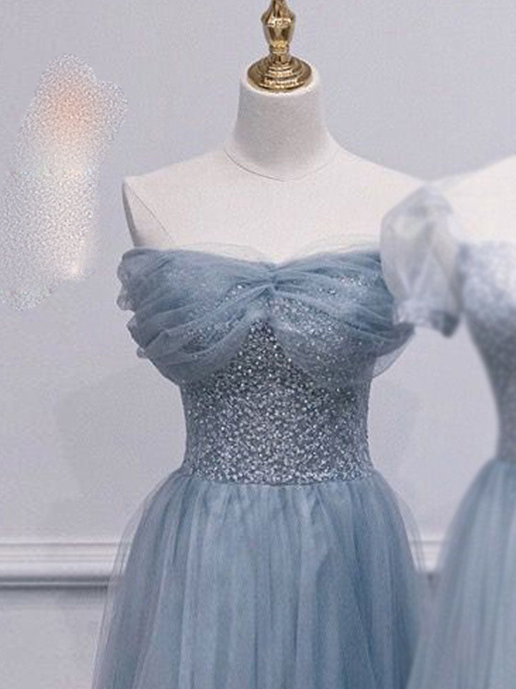 Robe de bal longue grise et bleue, coupe trapèze, robe de soirée formelle, robe de demoiselle d'honneur, 560