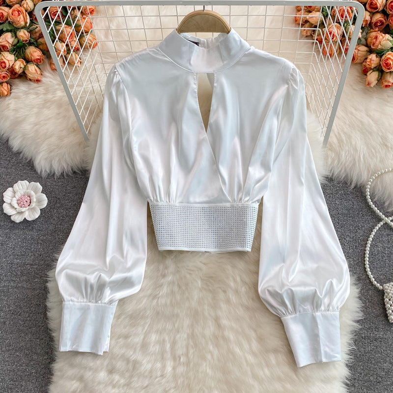 Autumn New Stand Collar Short Satin Shirt Short Top 361