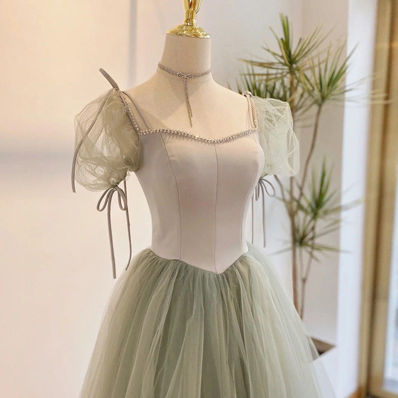 Cute Soft Green Long Prom Dress A Line Short Sleeves Evening Dress Party Gown 145 - JulyProm