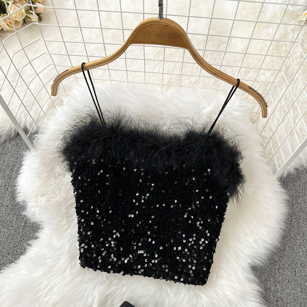 Ensemble deux pièces haut tube en plumes et jupe à paillettes pour femme 353