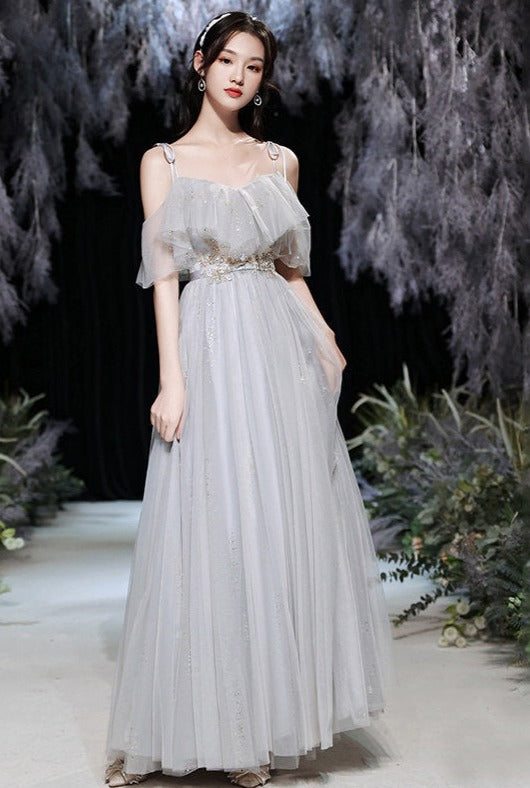 Robe de bal longue grise coupe trapèze, robe de soirée formelle brillante, robe de demoiselle d'honneur 558