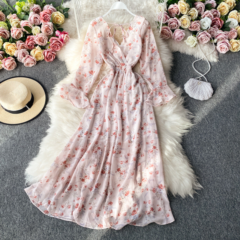 V-Ausschnitt, hohe Taille, Blumenkleid, Fairy Big Swing, langer Rock 855
