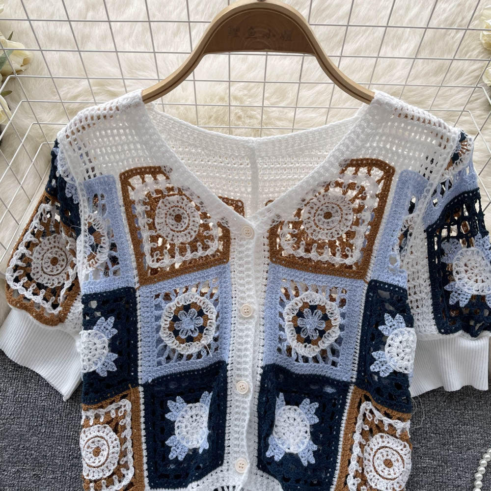 Cardigan col V femme rétro en tricot creux d'été 452