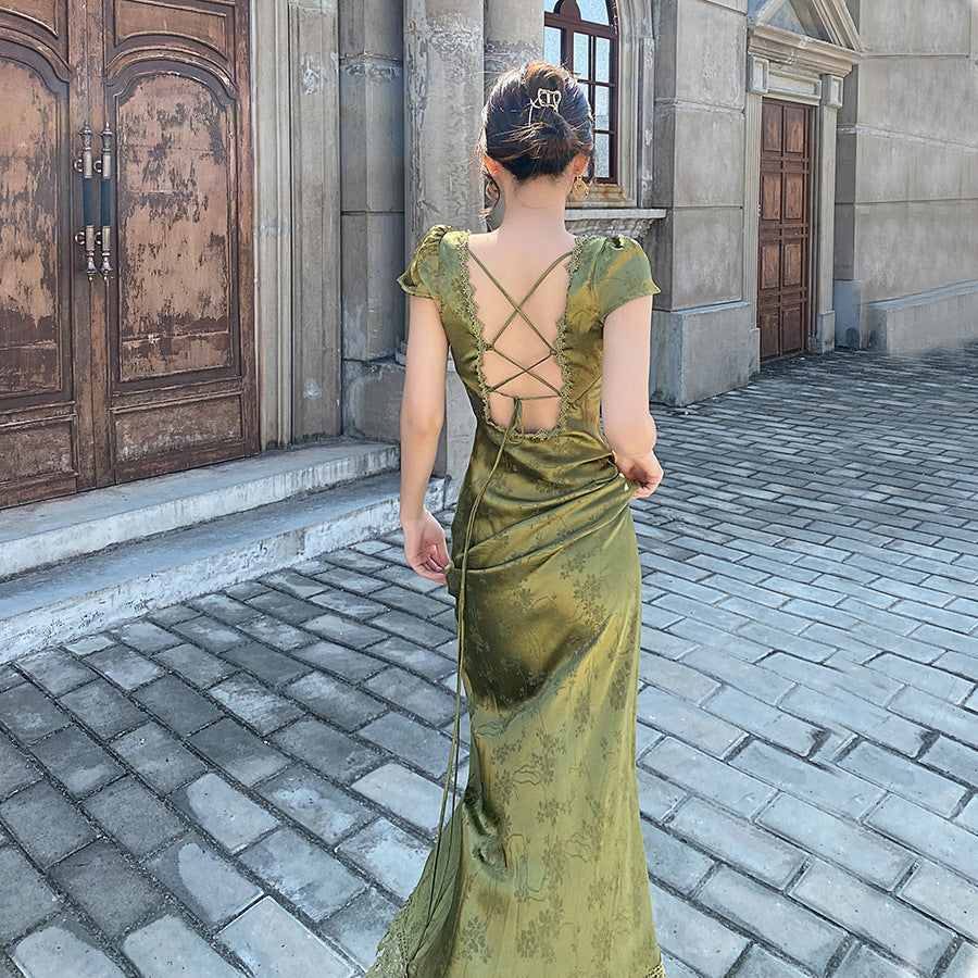 Robe d'été en satin vert à col en V et dos nu pour femme, tenue sexy et longue, 506