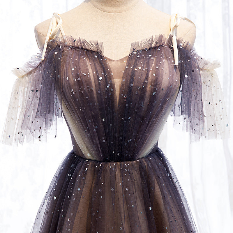 Robe de soirée courte en tulle brillant à épaules dénudées 617