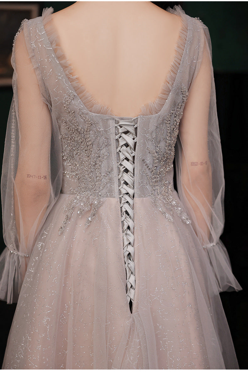 Robe de soirée en tulle gris à manches longues, tenue de soirée élégante et élégante (609)