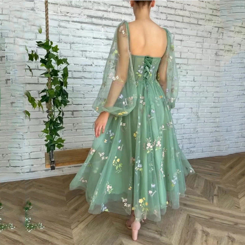 Green Long Sleeves Embroidery Flowers Tulle Prom Dress Homecoming Dress 1645
