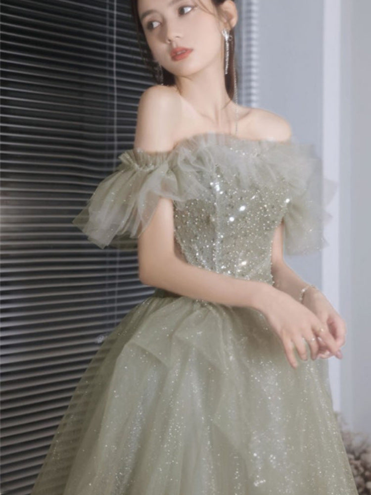 Beaded Green Tulle Long Prom Dress Off Shoulder Long Evening Dress 154 - JulyProm