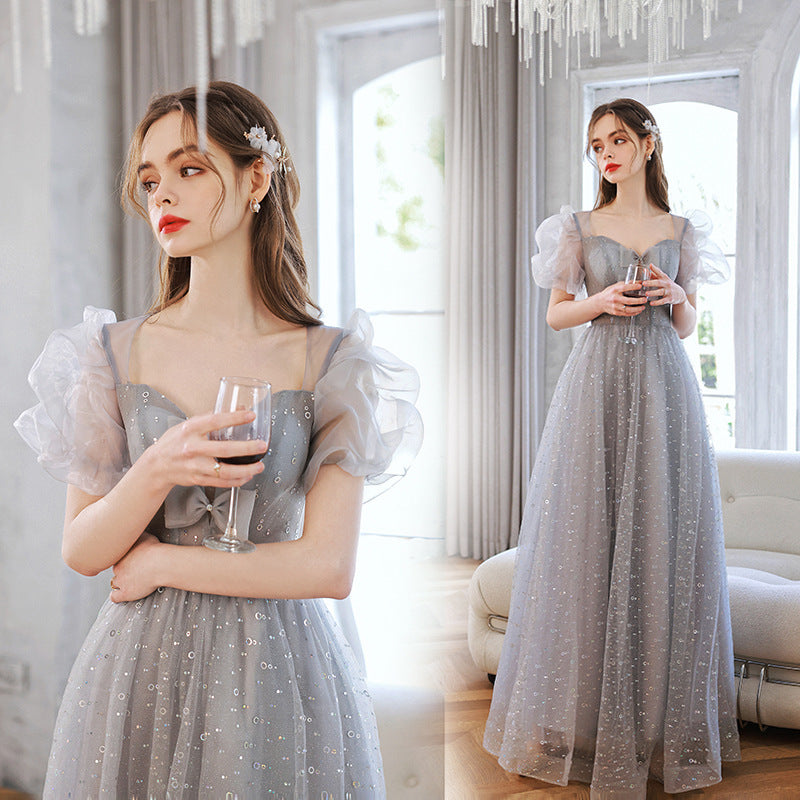 Cute Gray Puff Sleeves Long Prom Dress A Line Tulle Formal Evening Gown 227 - JulyProm