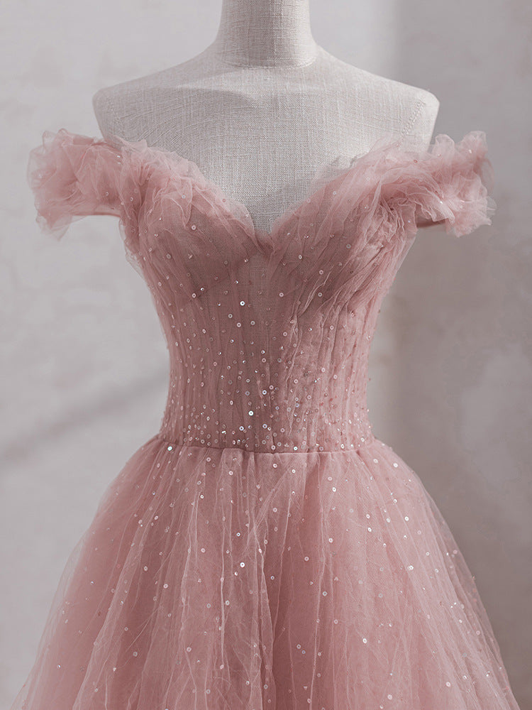 Robe de soirée longue en tulle rose à épaules dénudées, style féerique, 580