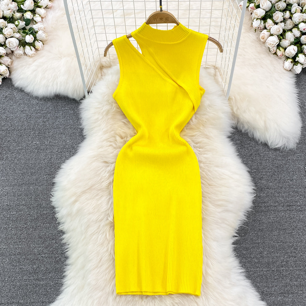 Robe sexy en tricot sans manches, col montant, épaules dénudées, slim, 2023 284