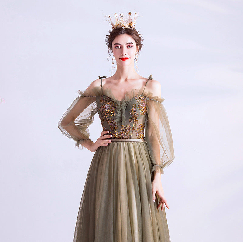 Long Green Tulle Prom Dress A Line Evening Dress with Long Sleeves 161 - JulyProm