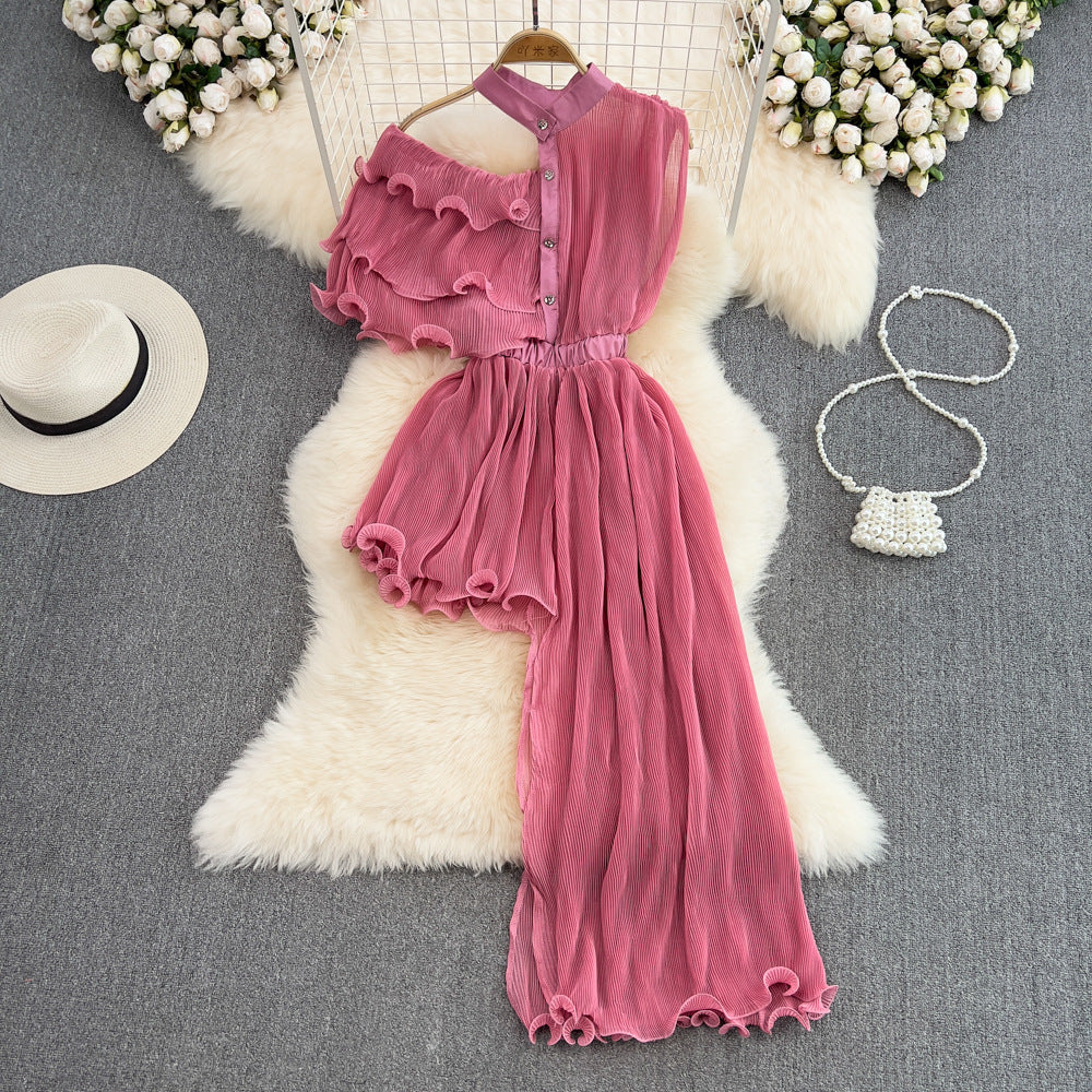 Summer Retro Irregular Mid-length Shirt Skirt A-line Pleated Dress Women 358