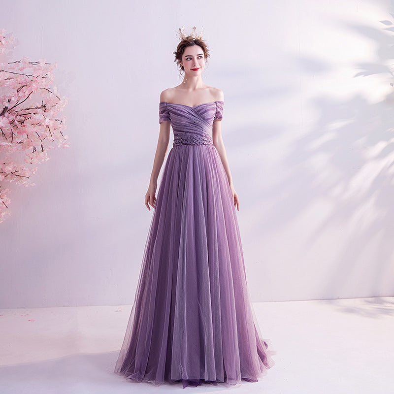 Purple Off Shoulder Tulle Long Prom Dress Vintage Evening Dress 158 - JulyProm
