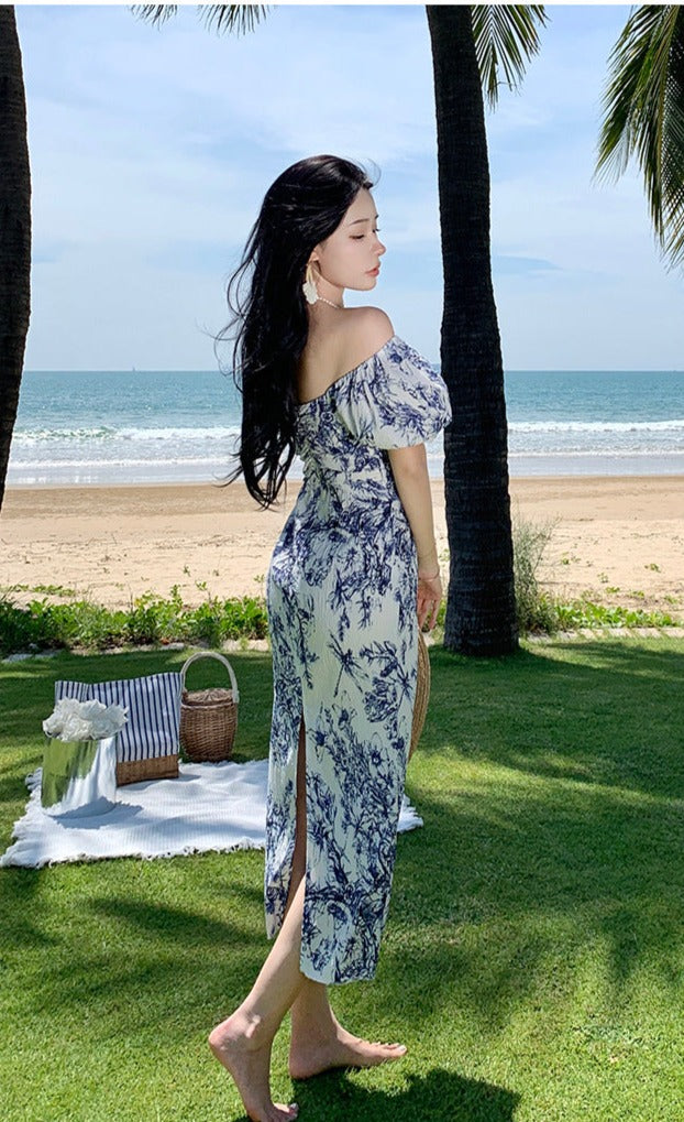 Robe longue à col carré et manches bouffantes, épaules dénudées, 798