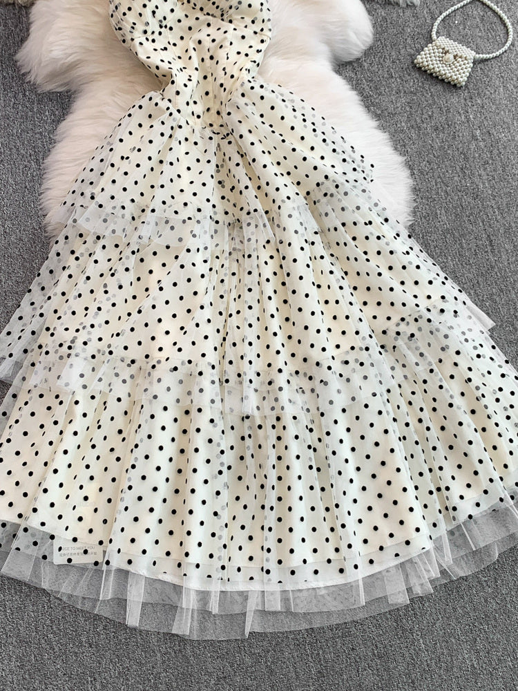 Robe sexy à pois en maille avec col en V et dos nu pour femme L60