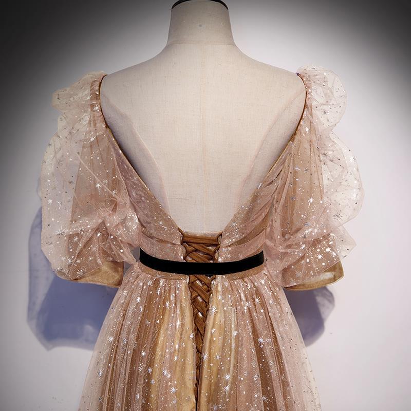 Elegant Gold Evening Formal Dress Mid Sleeves Sparkly Long Prom Dress 204 - JulyProm