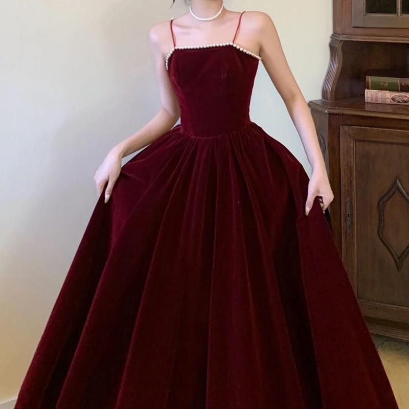 Burgundy Beaded Velvet Prom Dress Spaghetti strap Mid Long Evening Dress 163 - JulyProm