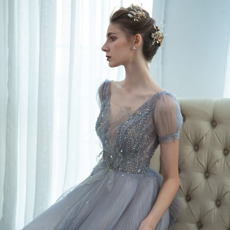 V Neck Fairy Long Prom Dress Beaded Formal Evening Dress Party Dress 143 - JulyProm