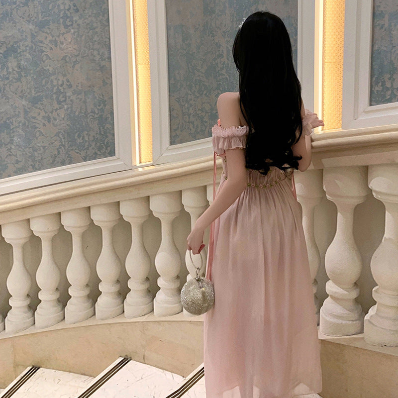 Robe fleurie féerique à épaules dénudées pour femme, jupe d'été rose 398