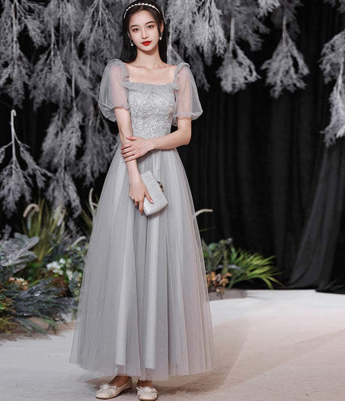 Robe de bal longue en tulle gris, coupe trapèze, robe de demoiselle d'honneur, robe de soirée formelle, robe de soirée 554